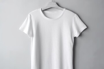 A plain white t-shirt mockup hanging on a clothes hanger. Background minimalistic grey