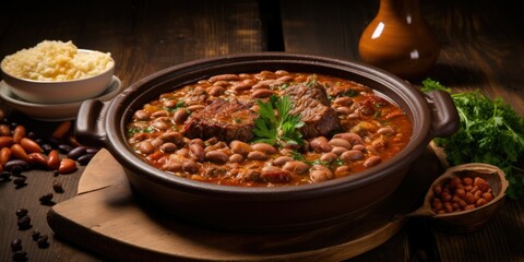 A High Angle View of Hearty Bean and Meat Stew - A Culinary Tapestry on a Rustic Wooden Table - Abundance and Flavors Collide    Generative AI Digital Illustration