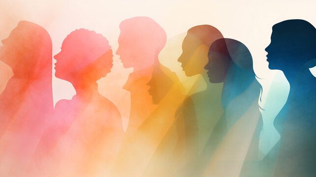 Group of silhouettes of men and women in different colors, Ai Generation