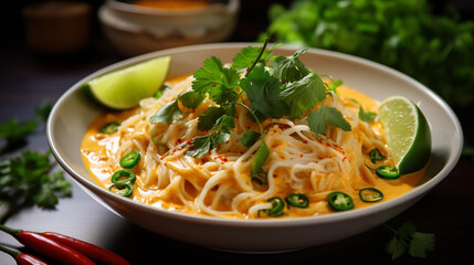 A bowl of creamy and aromatic coconut curry noodles, garnished with cilantro and lime wedges