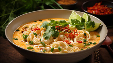 A bowl of creamy and aromatic coconut curry noodles, garnished with cilantro and lime wedges