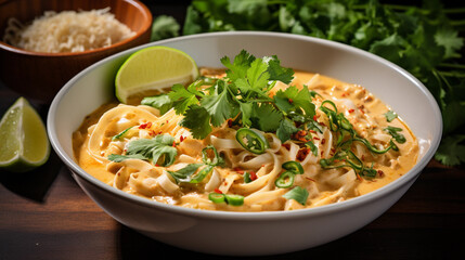 A bowl of creamy and aromatic coconut curry noodles, garnished with cilantro and lime wedges