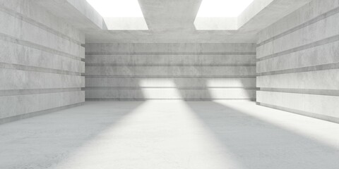 Abstract empty, modern concrete room with structured walls, sunlight shadow from double roof opening and rough floor - industrial interior background template