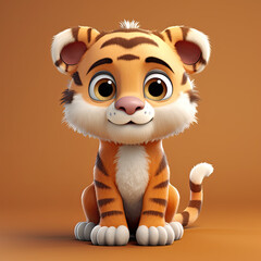 Cute Tiger, 3d cartoon, big eyes, friendly, solid background, minimalistic