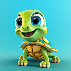 Cute Turtle, 3d cartoon, big eyes, friendly, solid background, minimalistic