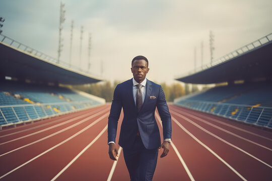 Businessman black man running on the treadmill of a large stadium, rivalry competition. Generative AI.