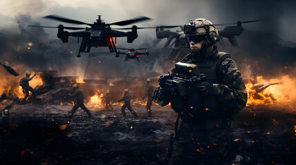 un militaire opérateur de drone en situation de combat - obrazy, fototapety, plakaty