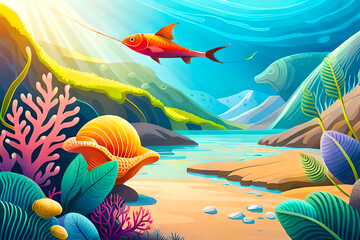 A watercolor vector background of translucent sea water with ‍sea fish and vibrant waves