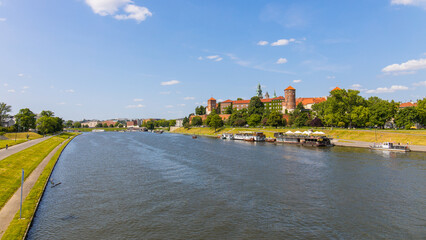 Wisła river with Wawel castle in the Unseco world heritage city centre of Krakow, Poland
