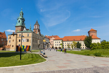 Tourists visiting the Wawel cathedral and castle in Krakow, Poland