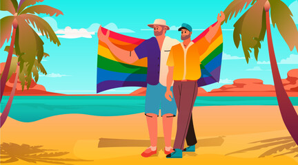 guys couple with lgbt rainbow flag standing together on tropical beach gay lesbian love parade pride festival transgender love