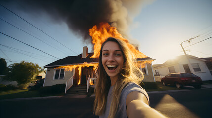 une femme souriante se prend en photo devant une maison en flamme  - obrazy, fototapety, plakaty