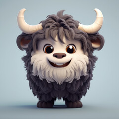 Obraz premium Cute Yak, 3d cartoon, big eyes, friendly, solid background, minimalistic