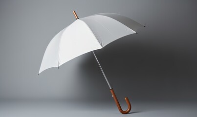  a white umbrella with a wooden handle on a gray background.  generative ai