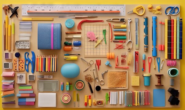  a collection of crafting supplies laid out on a table.  generative ai
