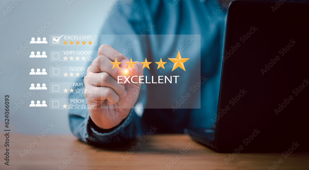 Poster businessman using laptop computer to give golden five stars for client the best satisfaction evaluat