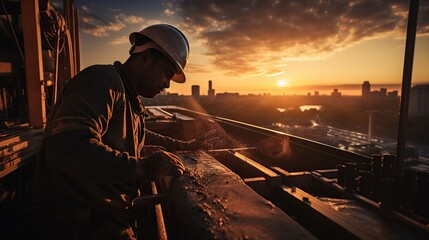 Fototapeta premium Worker construction iron lines for building foundation