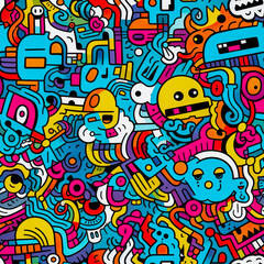 Obraz na płótnie Canvas Colorful retro cartoon doodle seamless pattern illustration. Vintage style happy face sticker background. Generative AI