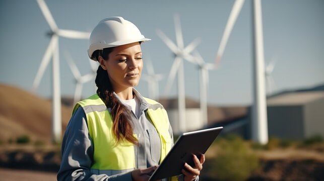 Beautiful caucasian woman in white helmet working with digital tablet at renewable energy farm. Female inspector controlling functioning of wind turbines outdoors with generative ai 