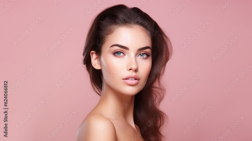 Poster Beautiful woman with clean fresh skin on white background, Face care, Facial treatment, glowing face