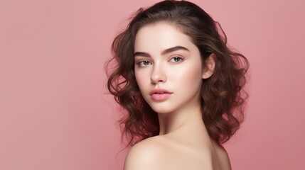 Fototapeta premium Serene Beauty Portrait: A captivating portrait of a young woman with flowing brunette hair and expressive eyes gazing directly at the camera.