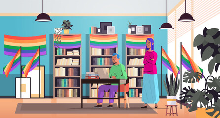 couple in colorful clothes working in office lgbt rainbow flag transgender love generation Z concept horizontal