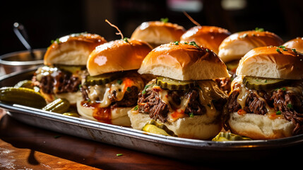 A platter of flavorful and juicy sliders, topped with melted cheese, pickles, and a special sauce