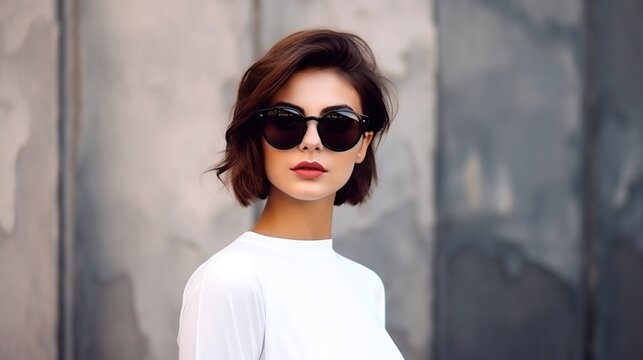 Beautiful young women wear white shirt and square shape black sunglasses with generative ai