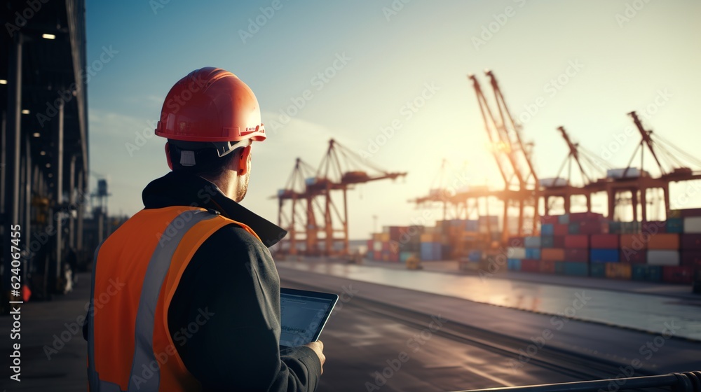 Canvas Prints Engineer wearing uniform inspection and see detail on tablet with logistics container dock cargo yard with working crane bridge in shipyard with transport logistic import export 