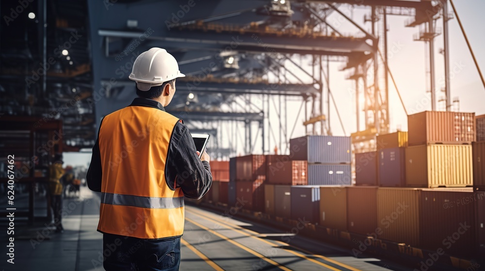 Poster engineer wearing uniform inspection and see detail on tablet with logistics container dock cargo yar