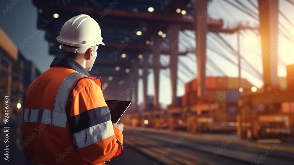 Poster engineer wearing uniform inspection and see detail on tablet with logistics container dock cargo yar
