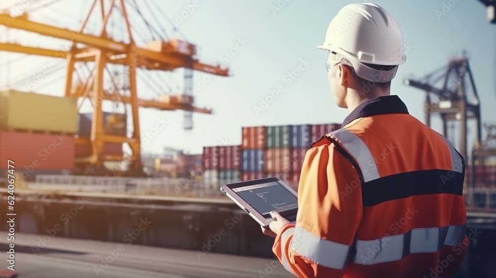 Poster engineer wearing uniform inspection and see detail on tablet with logistics container dock cargo yar