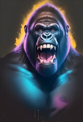 Artistic portrait of gorilla roaring, splash art