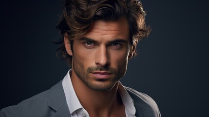 Fototapeta premium Intense Gaze: Portrait of a handsome man with wavy brown hair and a strong jawline, wearing a gray suit jacket and a crisp white shirt. His intense gaze commands attention. 