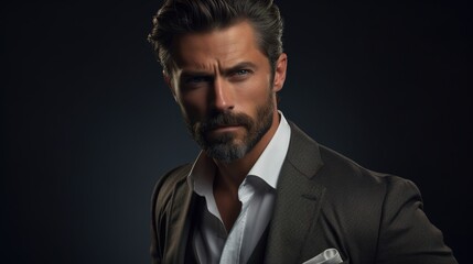 Fototapeta premium Intense Gaze: A man with a distinguished beard and piercing blue eyes stares intensely at the camera, his serious expression conveying a sense of confidence and power.