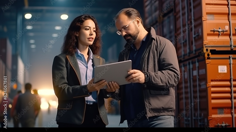 Poster smart creative engineer woman using digital tablet control loading containers box from cargo freight