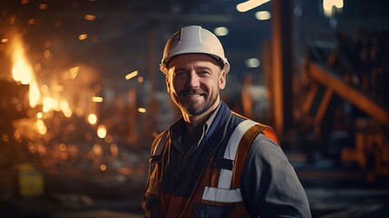 Portrait of Young Professional Heavy Industry Engineer / Worker Wearing Safety Vest and Hardhat Smiling on Camera. In the Background Unfocused Large Industrial Factory with generative ai