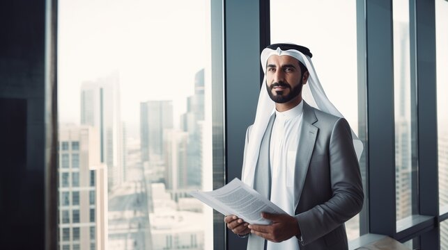  Middle-eastern engineer holding plans posing standing by window in office with generative ai