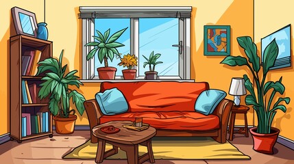 Cartoon House Interior with Simple Flat Colors. Black Outline Vector.