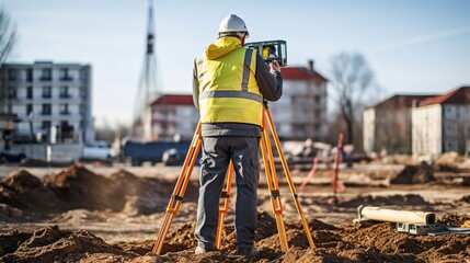 Surveyor builder Engineer with theodolite transit equipment at construction site outdoors during surveying work with generative ai - obrazy, fototapety, plakaty