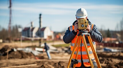 Surveyor builder Engineer with theodolite transit equipment at construction site outdoors during surveying work with generative ai - obrazy, fototapety, plakaty