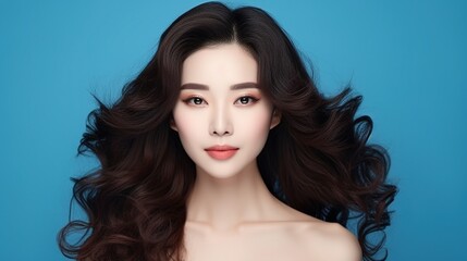 Naklejka premium Young Asian beauty woman curly long hair with korean makeup style on face and perfect clean skin on isolated blue background. Facial treatment with generative ai