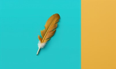  a yellow and blue background with a single feather on it.  generative ai