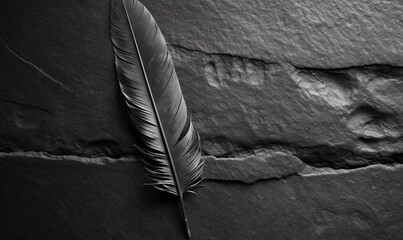  a black and white photo of a feather on a rock.  generative ai