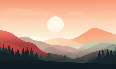 a landscape of mountains and trees with the sun setting in the background.  generative ai
