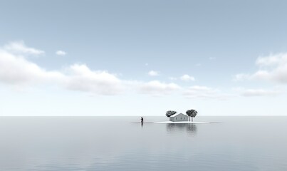  a person standing on a small island in the middle of the ocean.  generative ai