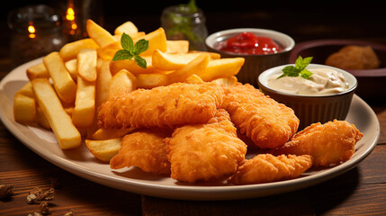 A plate of crispy fish and chips, with golden-brown battered fish fillets and a side of fries