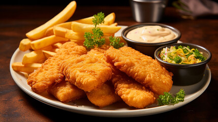 A plate of crispy fish and chips, with golden-brown battered fish fillets and a side of fries