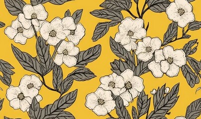  a yellow background with white flowers and green leaves on it.  generative ai