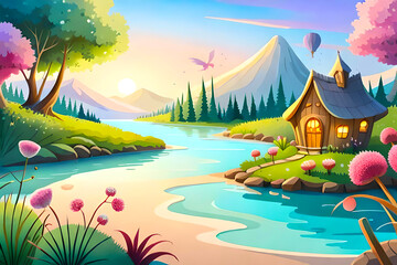 Fototapeta na wymiar cartoon background with pastel watercolor hues depicting a magical fairy garden